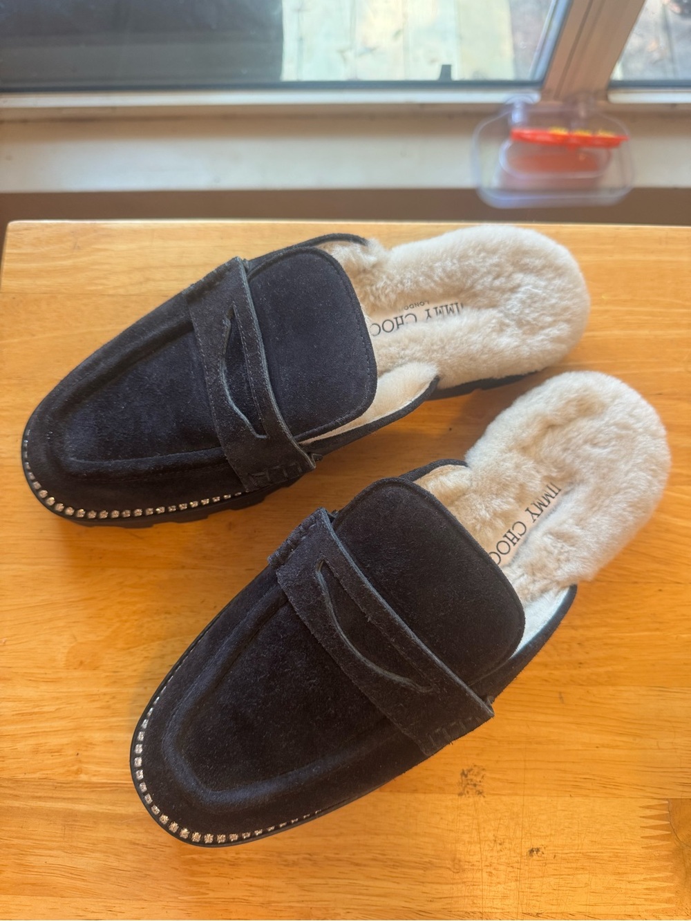 Jimmy Choo Black Suede Fur-Lined Loafer Mules with Crystal Trim - Picture 2 of 4